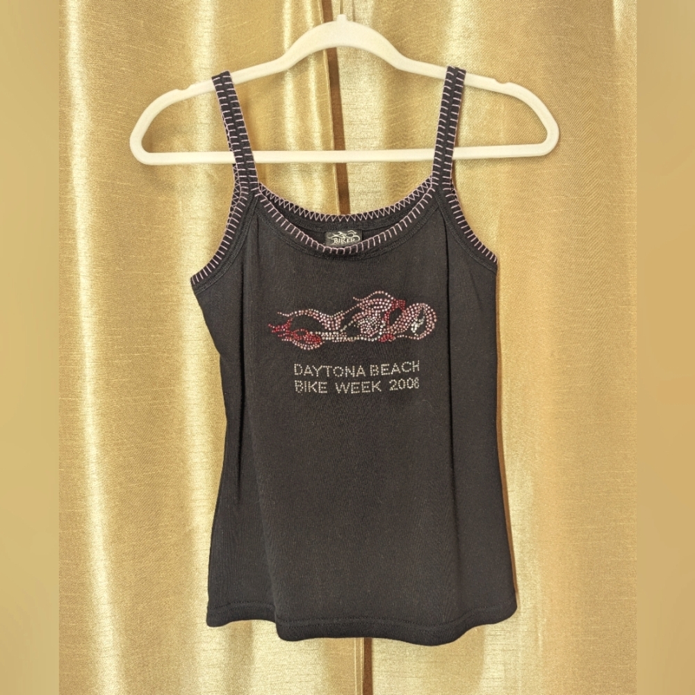 Daytona Beach Black Tank Top 2008 Size L Multi Pink Sequins Chopper Design